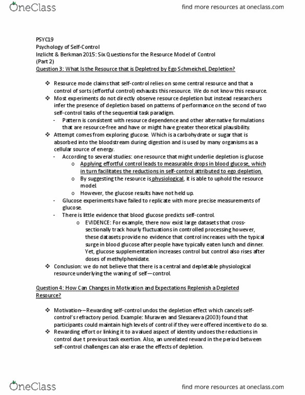 PSYC19H3 Chapter Notes - Chapter Inzlicht & Berkman 2015: Resource Depletion, Self-Control, Methylphenidate thumbnail